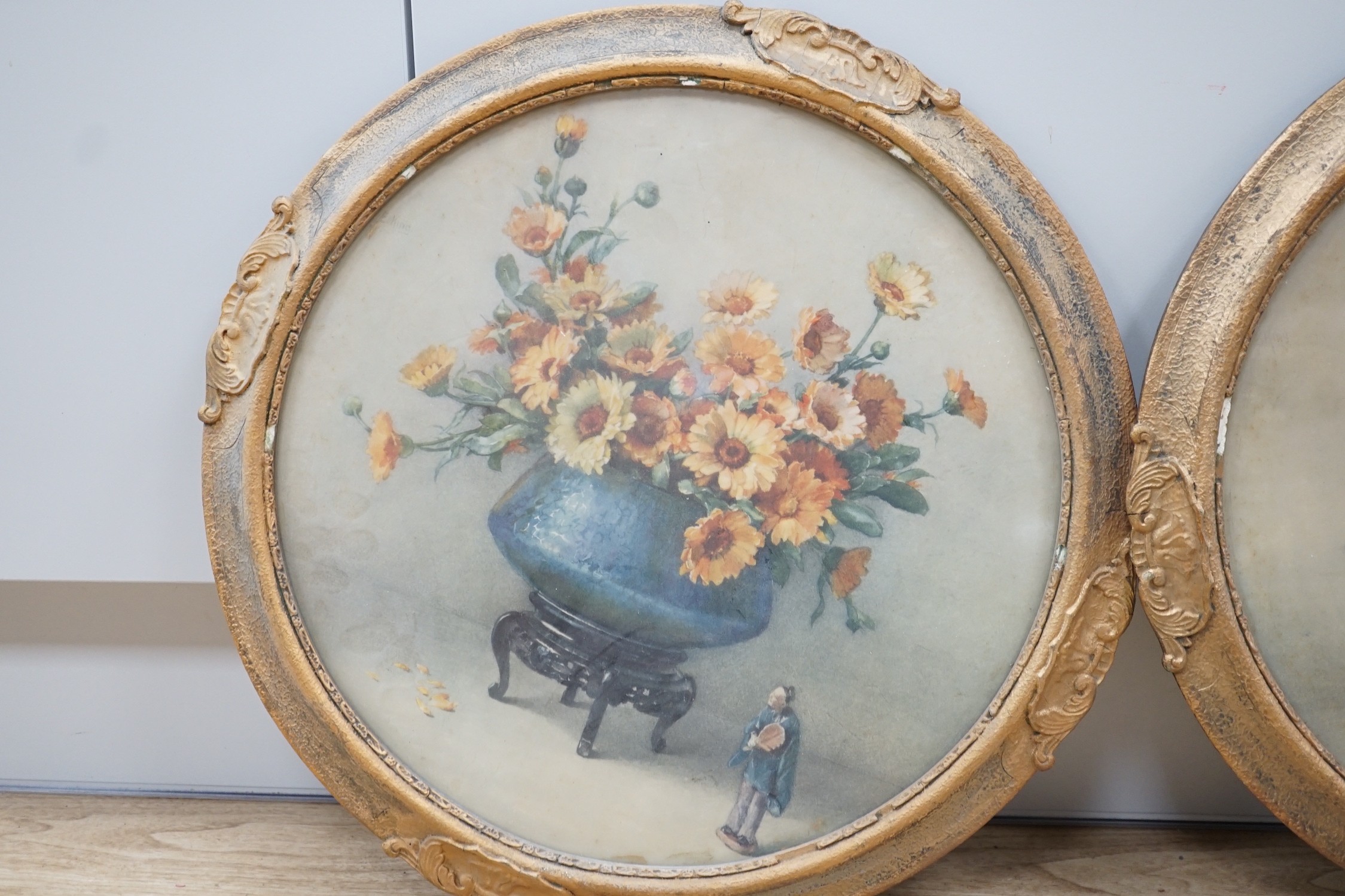 Elizabeth King, two colour prints, Marigolds and Anemones, tondo 37cm